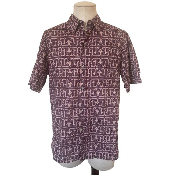TORI RICHARD Short Sleeve Shirt Size Large Hawaiian Cotton Lawn Purple Tribal - Picture 1 of 7